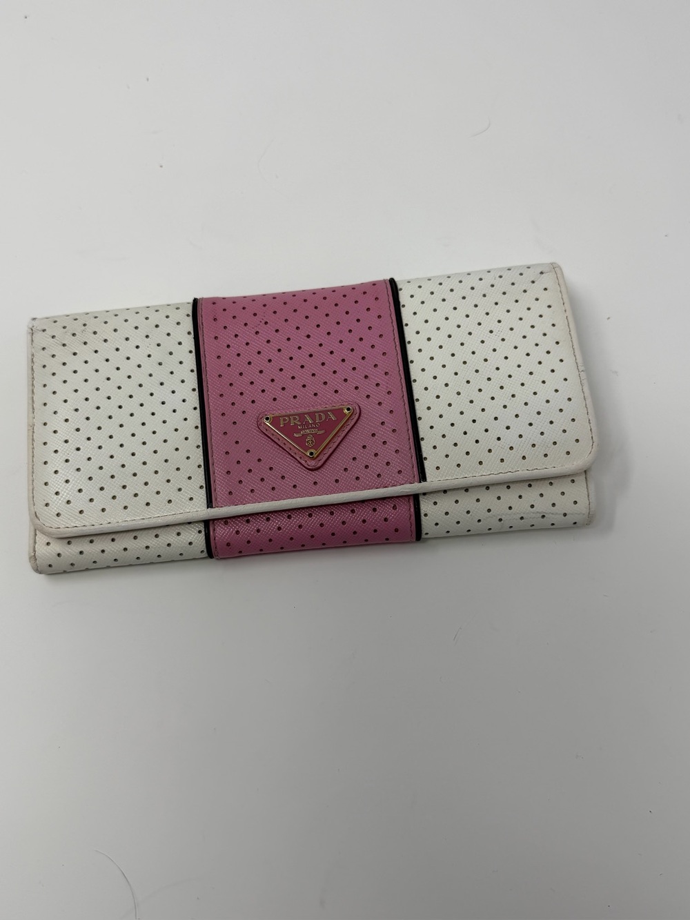 Prada White and Pink Perforated Leather Trifold Wallet